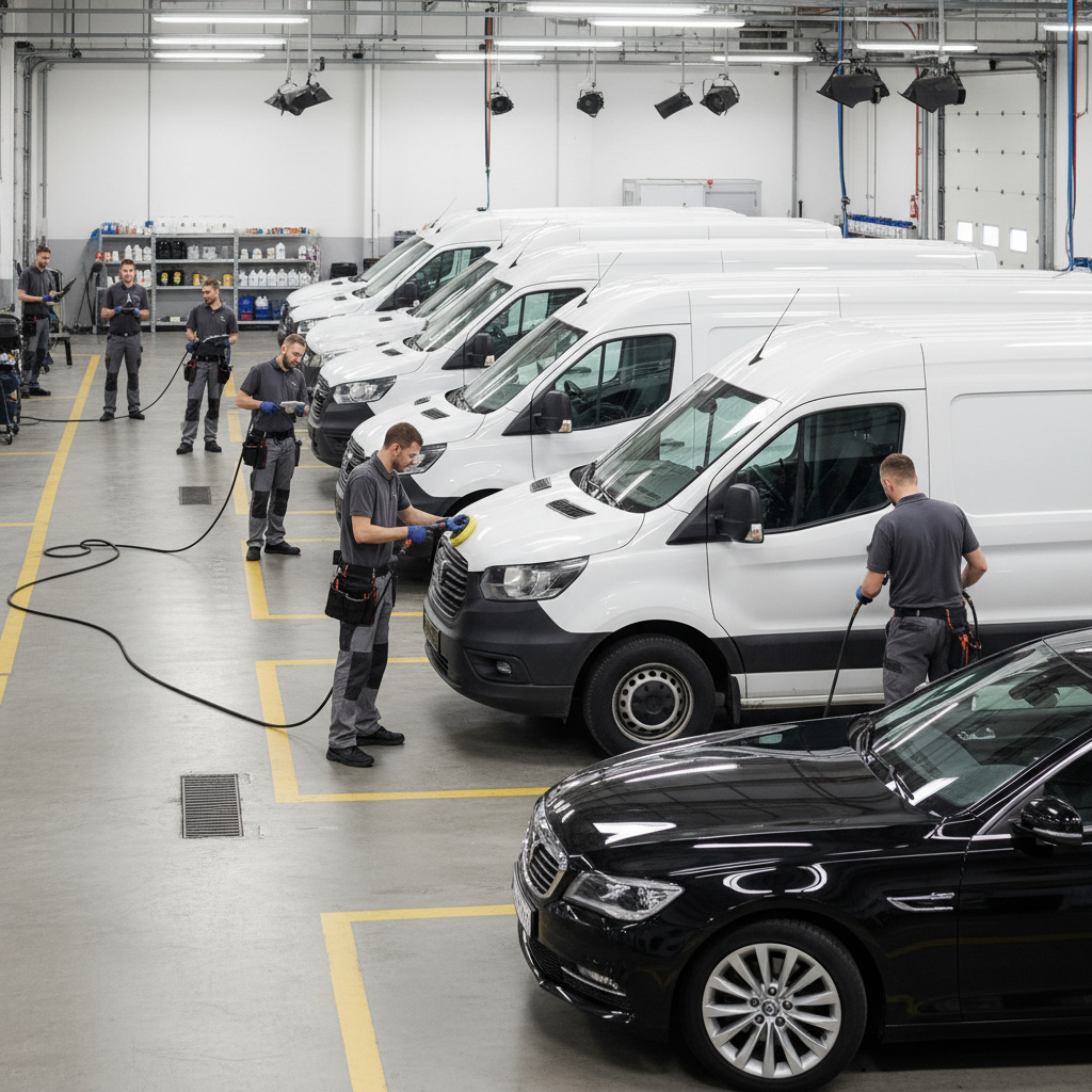 Mehrere Firmenfahrzeuge in der Aufbereitung