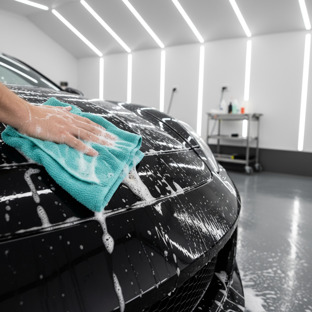 Handwäsche eines Fahrzeugs im Detailing-Studio