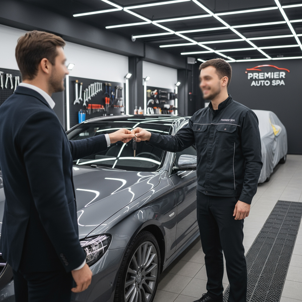 Schlüsselübergabe neben gereinigtem Fahrzeug